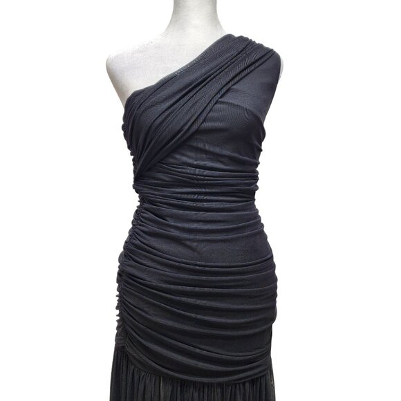 One-Shoulder Black Ruched Evening Gown With Sheer Skirt Size S - Picture 6 of 9